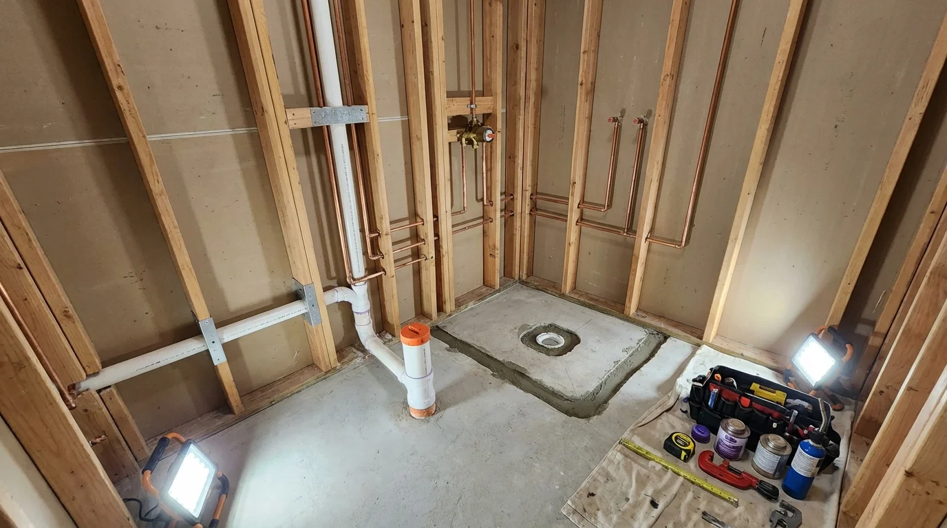 Bathroom rough-in plumbing during remodel by Johns Plumbing LLC in Jericho
