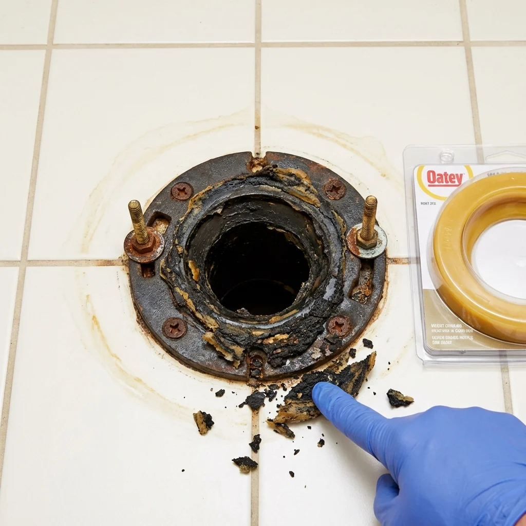 Failed wax ring showing water seepage at the base of a toilet in a Jericho, VT home