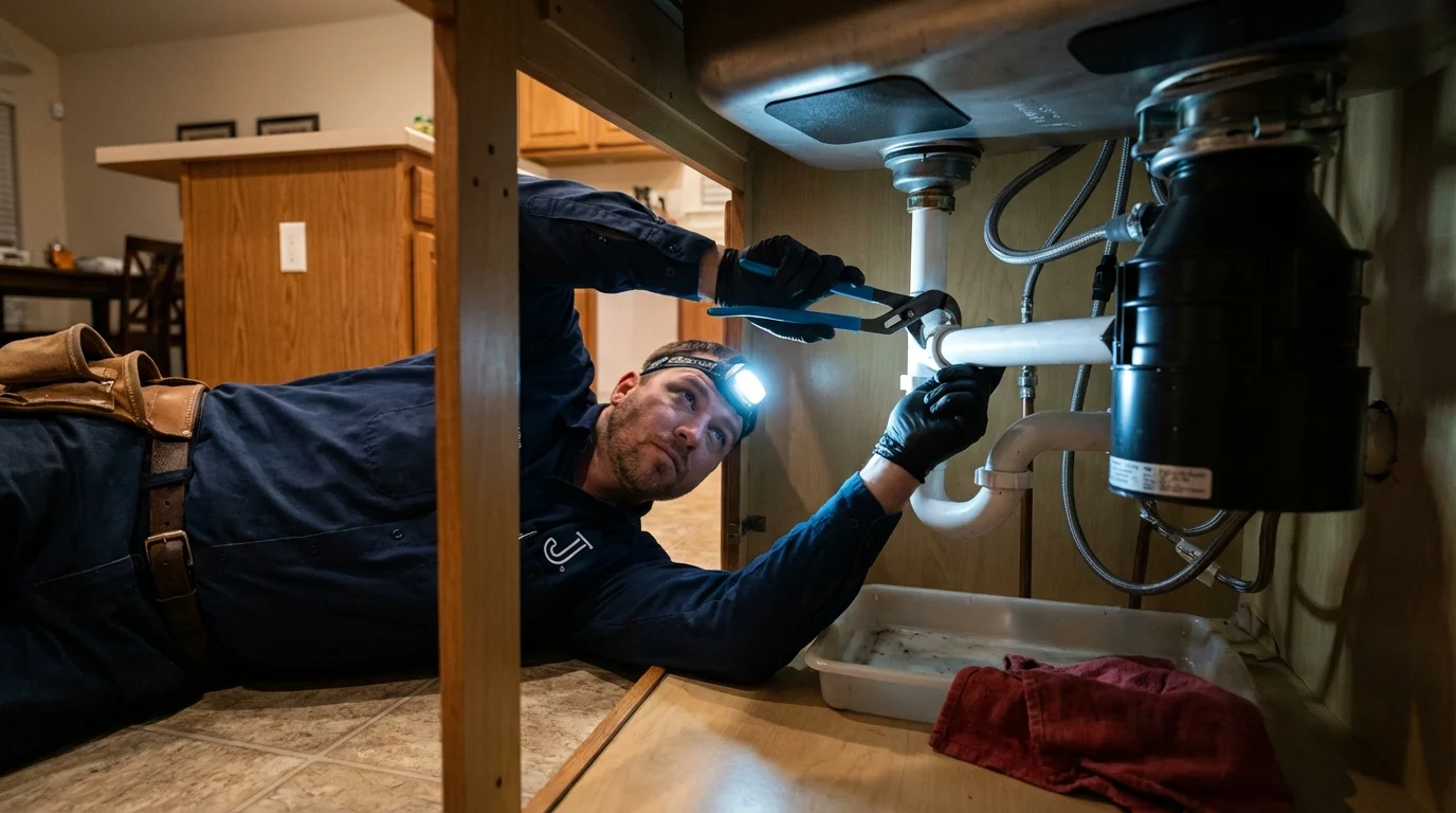 P-trap and supply line connections under a kitchen sink showing a common leak point in Jericho, VT