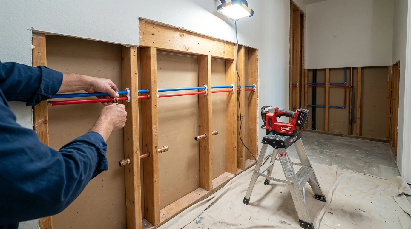 Old galvanized pipes being replaced with modern PEX piping during a whole-house repipe in Jericho, VT